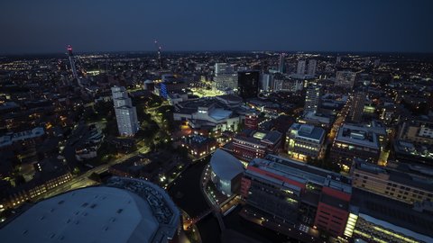 Aerial View Shot of Birmingham UK, United Kingdom, night evening dusk, capital of west middlands