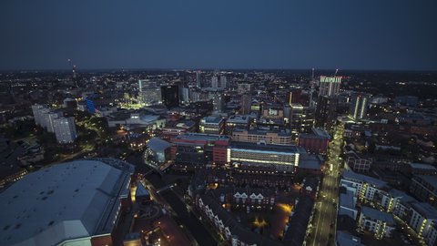 Aerial View Shot of Birmingham UK, United Kingdom, night evening dusk, bird eye view