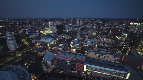 Aerial View Shot of Birmingham UK, United Kingdom, night evening dusk super wide