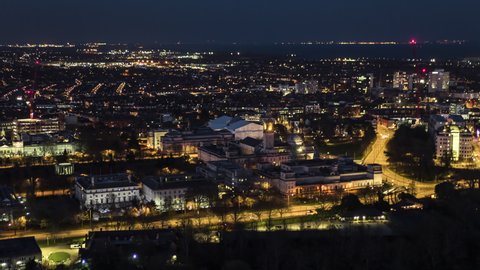 Aerial View Shot of Cardiff UK, Cardiff University, Wales, United Kingdom night evening