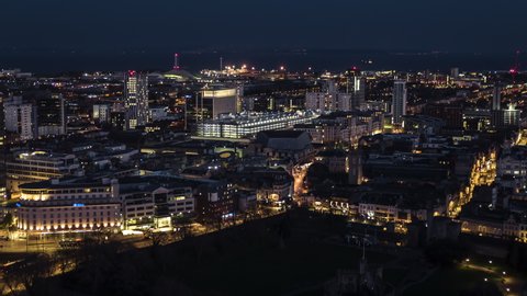 Aerial View Shot of Cardiff UK, Wales, city panorama, United Kingdom night evening
