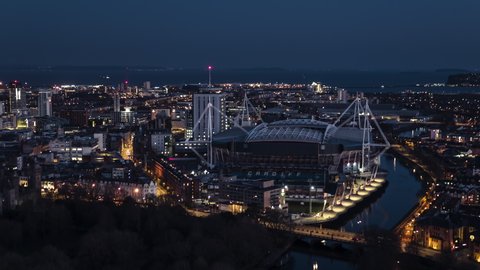 Aerial View Shot of Cardiff UK, Wales, welsh capital, United Kingdom night evening