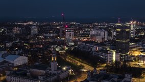 Aerial View Shot of Cardiff UK, Wales, United Kingdom night evening, long panorama