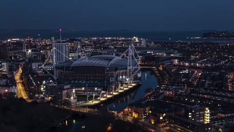 Aerial View Shot of Cardiff UK, Wales. United Kingdom night evening, smooth night
