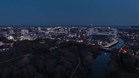 Aerial View Shot of Cardiff UK, Wales, United Kingdom night evening, wide shot