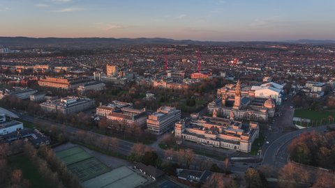 Establishing Aerial View Shot of Cardiff UK,  Cardiff University &  Welsh Government, Wales, United Kingdom