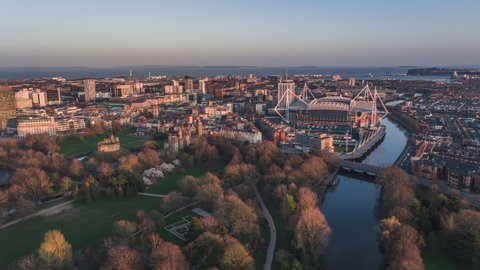 Establishing Aerial View Shot of Cardiff UK, whole city, Wales, United Kingdom