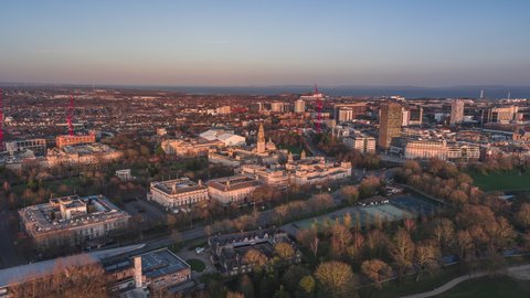 Establishing Aerial View Shot of Cardiff UK, Cathays Park, Wales, United Kingdom