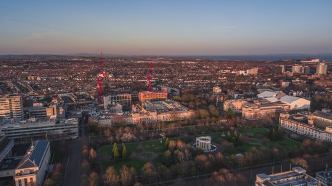 Establishing Aerial View Shot of Cardiff UK, beautiful Cathays Park, Wales, United Kingdom