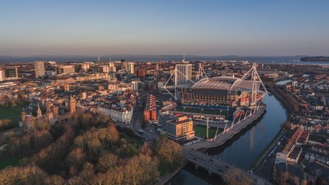 Establishing Aerial View Shot of Cardiff UK, river Taff, Wales, United Kingdom