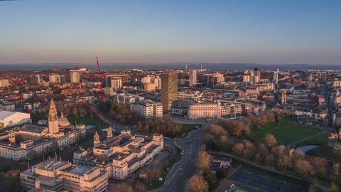 Establishing Aerial View Shot of Cardiff UK, growing city, Wales, United Kingdom