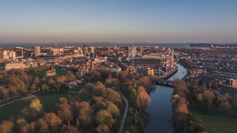 Establishing Aerial View Shot of Cardiff UK, Wales, United Kingdom clear sky