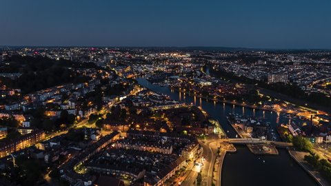 Aerial View Shot of Bristol UK, beautiful city, United Kingdom late evening night