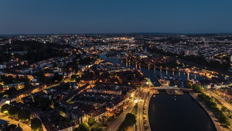 Aerial View Shot of Bristol UK, United Kingdom late evening night