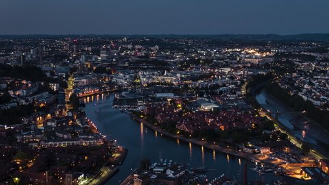 Aerial View Shot of Bristol UK, wide shot United Kingdom evening night