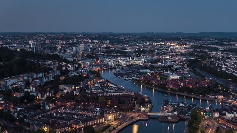 Aerial View Shot of Bristol UK, small lights, United Kingdom evening night