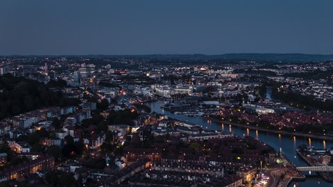 Aerial View Shot of Bristol UK, City, United Kingdom evening night dusk