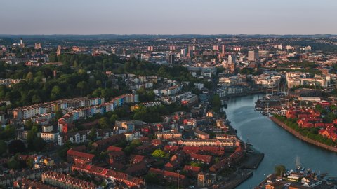 Aerial View Shot of Bristol UK, town, United Kingdom sunset late afternoon