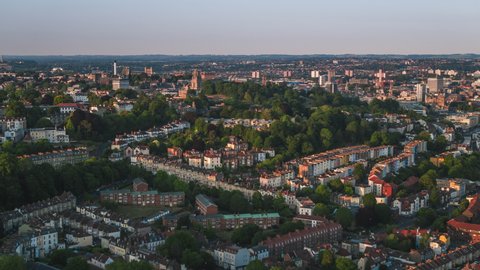 Aerial View Shot of Bristol UK, wide city, United Kingdom sunset late afternoon