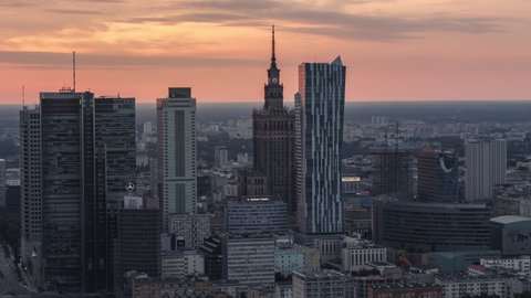 Establishing Aerial View of Warsaw, City Center, PKiN, Warszawa, Poland, Polska yellow sky 