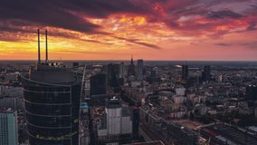 Establishing Aerial View of Warsaw, City Center, PKiN, Warszawa, Poland, Polska stunning sunset