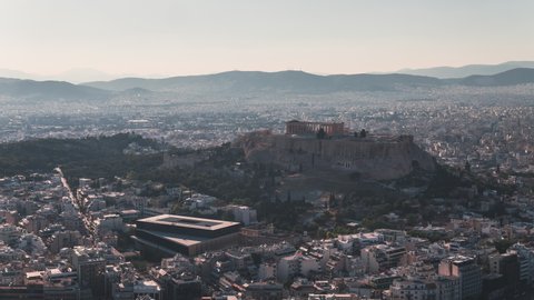 Establishing Aerial View Shot of Athens, Parthenon, Ancient Acropolis, Greece