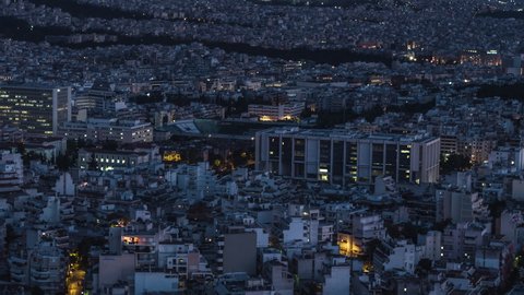 Generic Aerial View Shot of Athens, crowded city at evening night, Acropolis, Greece