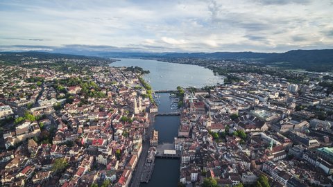 Aerial View Shot of Zurich, Epic Wide Establishing, Old Town, Switzerland, high in the sky