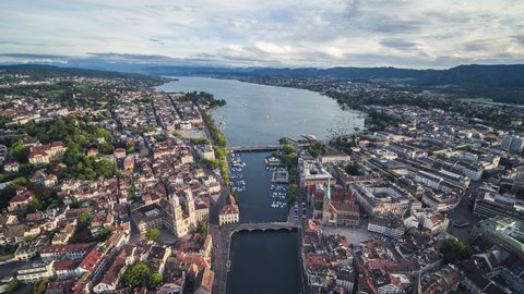 Aerial View Shot of Zurich, Epic Wide Establishing, Old Town, Switzerland, very high