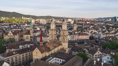 Grossmunster and whole old town, Aerial View Shot of Zurich, Switzerland