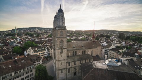 Holy light on Grossmunster, Aerial View Shot of Zurich, Switzerland