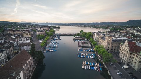 Establishing Aerial View Shot of Zurich, Historic Old Town, Switzerland