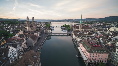 Aerial View Shot of Zurich, Wide Establishing, Calm Old Town, Switzerland