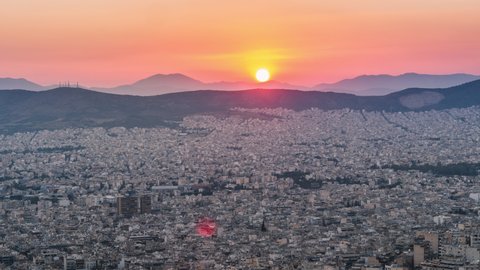 Beautiful sunset, Aerial View Shot of Athens, Vast Ancient City, Greece, sun is going down
