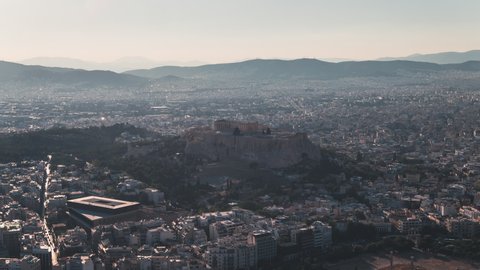 Establishing Aerial View Shot of Athens, Parthenon, Stunning Acropolis, Greece, day
