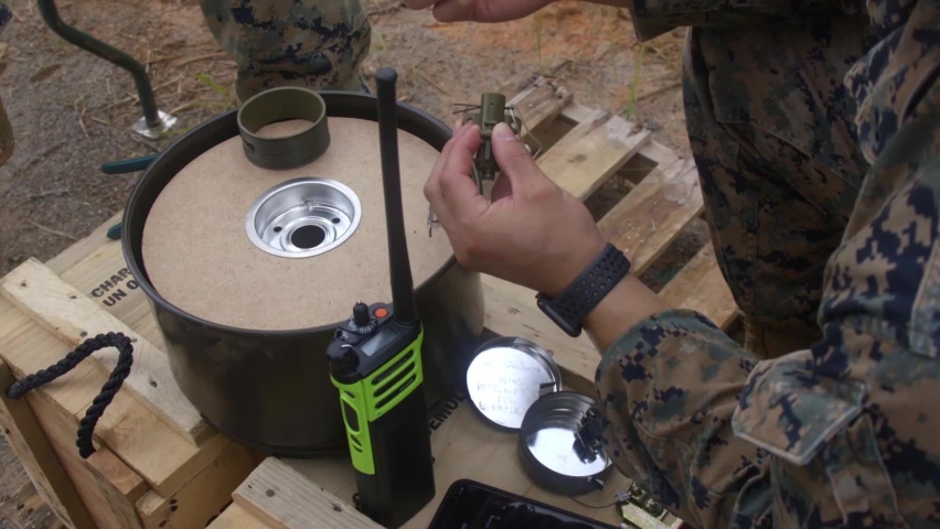 CIRCA 2020 - U.S. Marine combat engineers and infantrymen practice with explosives demolitions training in Okinawa, Japan.