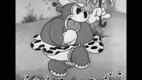 CIRCA 1931 - In this animated film, a hippo is too fat to fit on Foxy's train, so he uses a pin to deflate her and she stalks off in a huff.