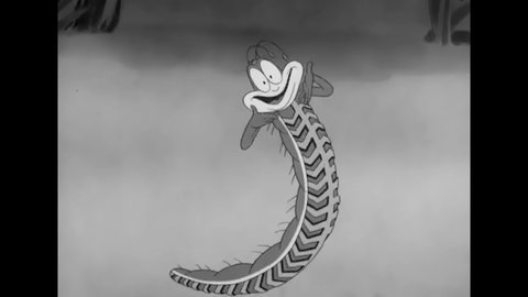 CIRCA 1942 - In this animated film, a caterpillar zooms around on a retread and fireflies put out their lights for a wartime blackout.
