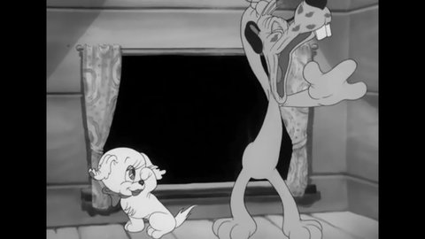 CIRCA 1942 - In this animated film, a dog only feels comfortable kissing his girlfriend with the blackout curtains down.