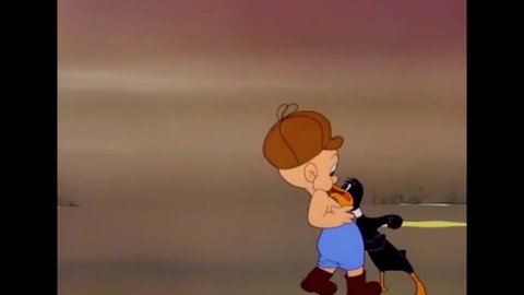 CIRCA 1943 - In this animated film, Daffy Duck challenges Elmer Fudd to a boxing match after being shot down by him.