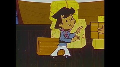 CIRCA 1959 - In this animated adaptation of Treasure Island, Jim Hawkins meets Long John Silver as the crew readies the ship.