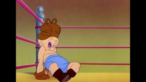 CIRCA 1943 - In this animated film Daffy Duck beats Elmer Fudd by cheating in a boxing match, but Elmer gets his revenge on Daffy and the referee.