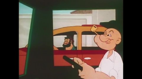 CIRCA 1954 - In this animated film, Olive Oyl is strung between Popeye and Bluto's taxis as they drive through the city.
