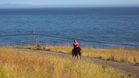 SANTA BARBARA, CALIFORNIA - CIRCA 2020 - A woman cowgirl gallops on her horse along the Pacific Ocean near Santa Barbara, California.
