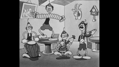 CIRCA 1931 - In this animated film, Dick and Larry start a musical number in the Swiss Alps.