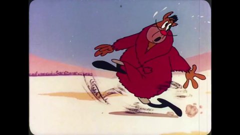 CIRCA 1951 - In this animated film, a manic dog drives and takes a train across the country.