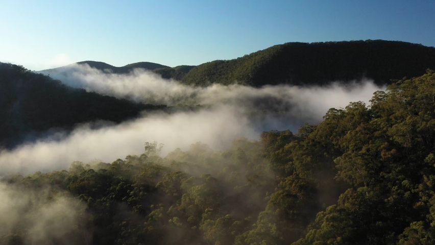 NEW SOUTH WALES, AUSTRALIA - CIRCA 2020 - Very good aerial through the mist surrounding the Blue Mountains of New South Wales, Australia. Royalty-Free Stock Footage #1061729878
