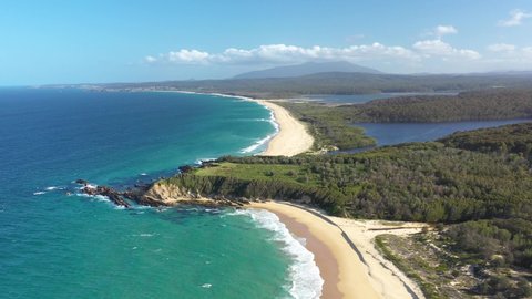 SYDNEY, AUSTRALIA - CIRCA 2020 - An excellent aerial view of Eurobodella National Park's coastlines in Sydney, Australia.