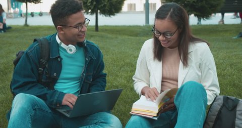 Male and female teenagers in eyeglasses preparing for exams, sitting in park