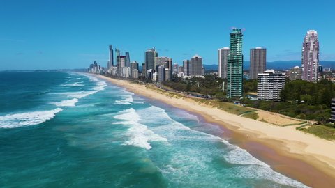 Revealing drone shot of the Gold Coast, a metropolitan region south of Brisbane on Australia’s east coast